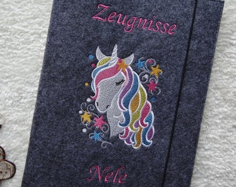Personalized certificate folder "Unicorn Stars" made of felt including a display book with 20 transparent pockets