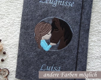 Personalized certificate folder "Girl & Horse" made of felt including display book with 20 transparent pockets