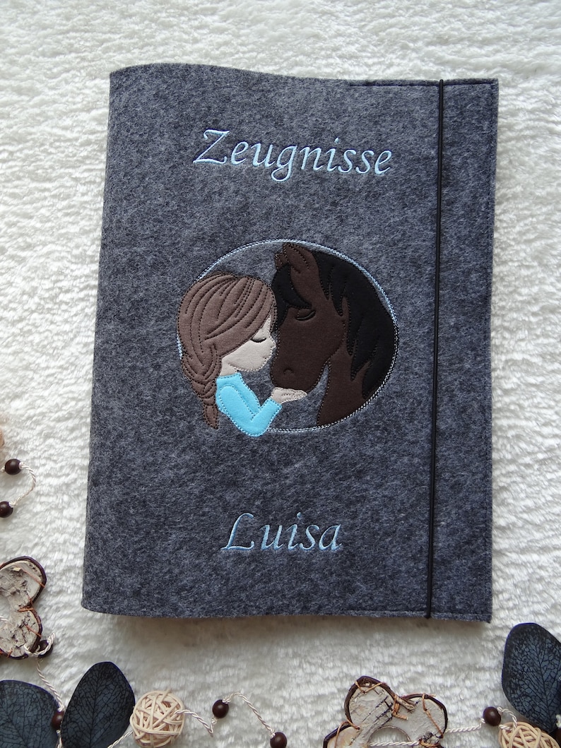 Personalized certificate folder Girl & Horse made of felt including display book with 20 transparent pockets image 2