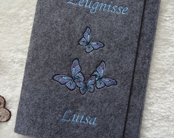 Personalized certificate folder "Butterflies" made of felt including a display book with 20 transparent pockets