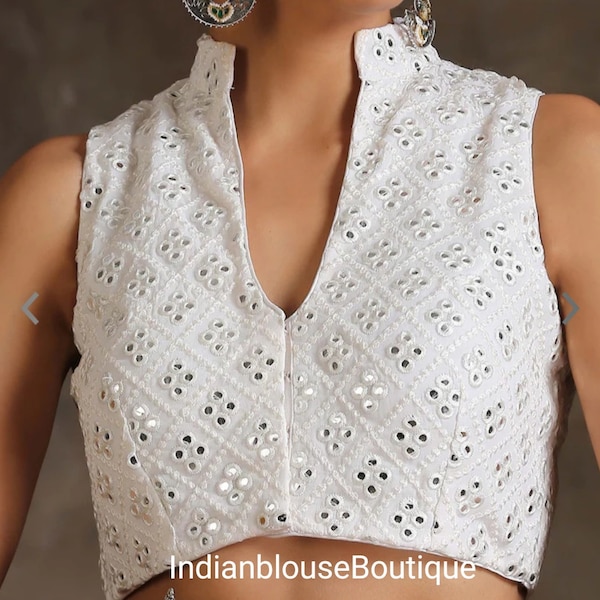 Designer mirror work White Blouse,Standerd collar blouse, Wedding blouse ,handmade blouse, Women blouse, Saree blouse, lengha blouse