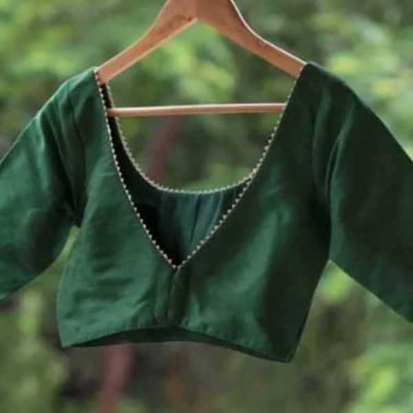 Beautiful Bottle Green V Neck blouse,lace work blouse,back open blouse,Formal blouse ,daily use blouse handmade blouse, Women blouse