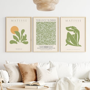 Matisse Sage Green Prints, William Morris Set of 3 Exhibition Prints, William Morris Matisse Art Posters, Famous Matisse Wall Art Prints