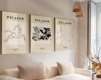 Gallery Wall Set of 3  Picasso Exhibition Wall Art Prints, Yellow Wall Art Poster Prints, Beige Wall Art Prints, Famous Artists Print Gift