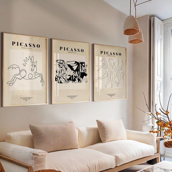 Gallery Wall Set of 3  Picasso Exhibition Wall Art Prints, Yellow Wall Art Poster Prints, Beige Wall Art Prints, Famous Artists Print Gift