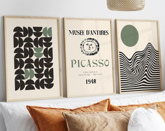 Set of 3 Yayoi Kusama, Bauhaus and Picasso Modern Prints, Sage Green Wall Art Poster Prints, Beige Wall Art Prints, Famous Artists Prints