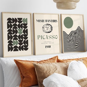 Set of 3 Yayoi Kusama, Bauhaus and Picasso Modern Prints, Sage Green Wall Art Poster Prints, Beige Wall Art Prints, Famous Artists Prints
