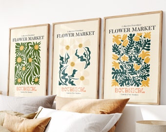 Set of 3 Neutral Botanical Wall Art Prints, Living Room Wall Art Objects, Plants Wall Art, Floral Line Art, Beige Decor, Boho Flower Art