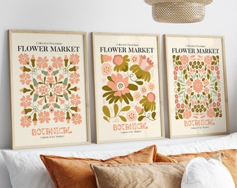 Set of 3 Neutral Botanical Wall Art Prints, Living Room Wall Art Objects, Plants Wall Art, Floral Line Art, Beige Decor, Boho Flower Art