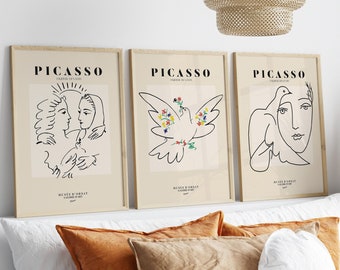 Gallery Wall Set of 3  Picasso Exhibition Wall Art Prints, Yellow Wall Art Poster Prints, Beige Wall Art Prints, Famous Artists Print Gift