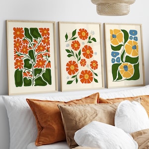 Set Of 3 Flower Market Prints, Vintage Boho Flower Art, Bedroom Wall Décor,Living Room Print,Colourful Scandinavian Design Modern Art Prints