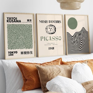 Set of 3 Sage Green Kusama, Picasso and Bauhaus Prints, Green Wall Art Poster Prints, Beige Wall Art Prints, Famous Artists Prints