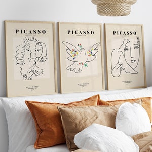 Gallery Wall Set of 3  Picasso Exhibition Wall Art Prints, Yellow Wall Art Poster Prints, Beige Wall Art Prints, Famous Artists Print Gift
