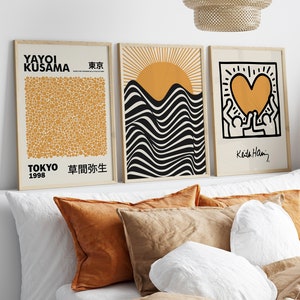 Set of 3 Yellow Kusama, Keith Haring and Bauhaus Prints, Mustard Wall Art Poster Prints, Beige Wall Art Prints, Famous Artists Prints