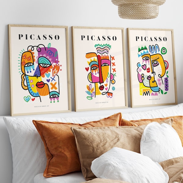 Set of 3 Picasso Exhibition Wall Art Print, Neutral Beige Abstract Vintage Minimalist Gift Idea, Famous Artist Print,Gallery Wall Home Decor