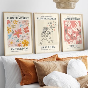 Set Of 3 Flower Market Prints, Boho Flower Art, Bedroom Wall Décor, Living Room Print, Vintage Exhibition Mid Century Modern Art Prints