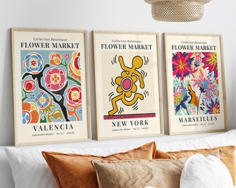 Set Of 3 Flower Market Prints, Boho Flower Art, Bedroom Wall Décor, Living Room Print, Vintage Exhibition Mid Century Modern Art Prints