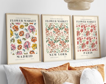 Set Of 3 Flower Market Prints, Boho Flower Art, Bedroom Wall Décor, Living Room Print, Vintage Exhibition Mid Century Modern Art Prints
