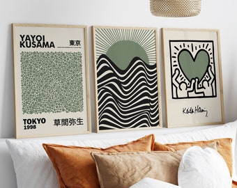 Set of 3 Sage Green Kusama, Keith Haring and Bauhaus Prints, Green Wall Art Poster Prints, Beige Wall Art Prints, Famous Artists Prints