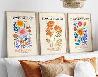 Flower Market Print, Set of 3 Botanical Wall Art, Floral Decor Danish Pastel Colour Posters,Vintage Exhibition Mid Century Modern Art Prints
