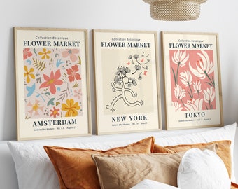 Set Of 3 Flower Market Prints, Boho Flower Art, Bedroom Wall Décor, Living Room Print, Vintage Exhibition Mid Century Modern Art Prints