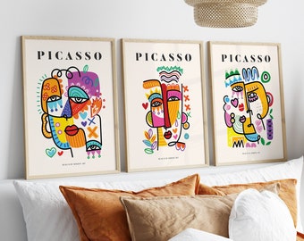 Set of 3 Picasso Exhibition Wall Art Print, Neutral Beige Abstract Vintage Minimalist Gift Idea, Famous Artist Print,Gallery Wall Home Decor