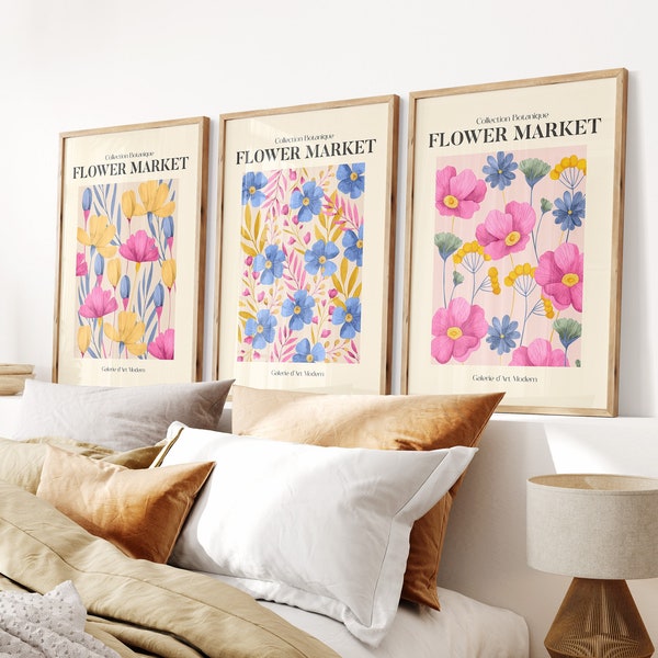 Set of 3 Flower Market Prints, Exhibition Posters, Botanical Prints, Flower Print Set, Gallery Wall Art, Floral Boho Wall Art Poster Prints