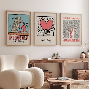 Set of 3 Keith Haring Prints, Off White Peach Wall Art Prints, Gallery Art Posters, Famous Artists Wall Art, Modern Exhibition Vintage Art