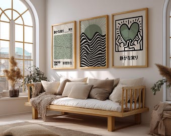 Set of 3 Sage Green Japanese and Bauhaus Prints, Green Wall Art Poster Prints, Beige Wall Art Prints, Famous Artists Prints