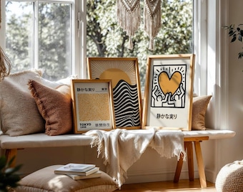 Set of 3 Yellow Japanese and Bauhaus Prints, Mustard Wall Art Poster Prints, Beige Wall Art Prints, Famous Artists Prints