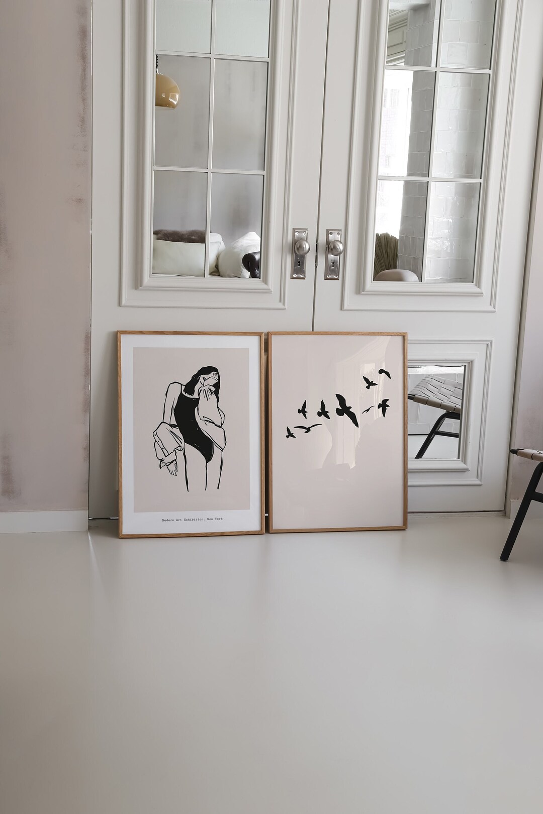 Beige and Black Abstract Set of 2 Prints, Mid Century Modern Wall Art ...