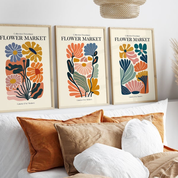 Set of 3 Flower Market Prints, Exhibition Posters, Botanical Prints, Flower Print Set, Gallery Wall Art, Floral Boho Wall Art Poster Prints