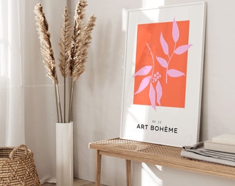 Minimalist Floral Art, Living Room Decor, Botanical Wall Art, Orange Boho Decor, Floral Print, Boho Abstract Print, Abstract Botanical Print