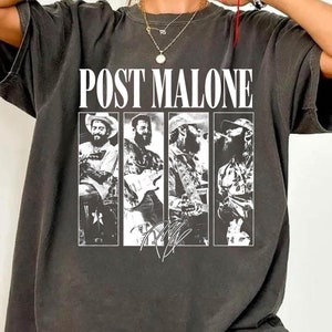 May include: A dark gray t-shirt with a white print of Post Malone and his signature. The print features four images of Post Malone in black and white.