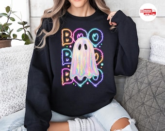 Boo Sweatshirt, Colorful Ghost Shirt, Trending Halloween Sweater, Spooky Season Clothes