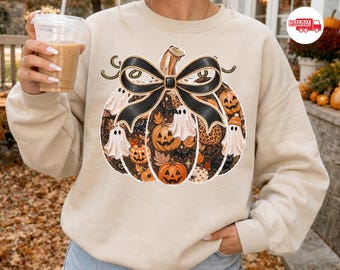 Coquette Pumpkin Sweatshirt, Ghost Sweater, Halloween Shirt, Fall Clothes, Gifts for Her