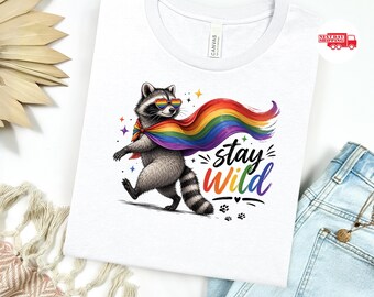 Stay Wild TShirt, Funny Raccoon Pride Shirt, Lgbtq Flag Apparel, Funny Gift
