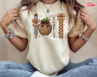 Coquette Leopard Teacher School Supplies TShirt, Checkered Polka Dot Pencil Tee, Gifts For Teachers