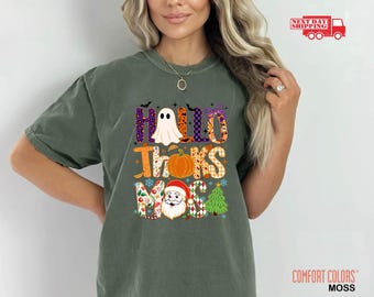 Comfort Colors Happy Hallothanksmas Shirt, Holiday Season Sweatshirt, Halloween Thanksgiving Christmas Shirt, Cozy Season Crewneck