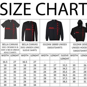 Puede incluir: Una tabla de tallas con medidas para varias camisetas unisex para adultos, incluyendo cuello redondo, cuello en V, manga larga, sudaderas y sudaderas con capucha. La tabla muestra el ancho y el largo en cm para tallas XS a 4XL.