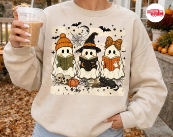 Ghosts Reading Book Sweatshirt, Funny Halloween Sweater For Bookish, Halloween Gifts For Book Lovers