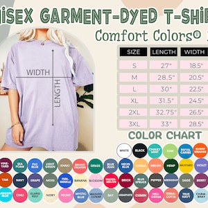 May include: A unisex garment-dyed t-shirt in a light purple color. The t-shirt has a crew neck and short sleeves. The size chart shows measurements in inches for sizes S through 3XL. The color chart shows a variety of colors, including white, black, chalky mint, kiwi, royal caribe, burnt orange, butter, blue jean, neon blue, citrus, melon, hemp, mustard, violet, ice blue, crimson, yam, navy, grape, moss, peri-winkle, banana, blossom, water melon, brick, blue spruce, pepper, midnight, sage, berry, denim, topaz blue, lagoon blue, chili, island reef, ivory, peony, mystic blue, washed denim, bay, graphite, cumin, heli conia, terra-cotta, true navy, cham-bray, and orchido.