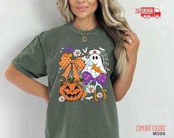 Comfort Colors Halloween Nurse Tshirt, Spooky Nurse Shirt, Coquette Ghost Nursing Tee, Halloween Gifts For nurses, Pumpkin Nurse Cloth