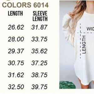 May include: Size chart for a long-sleeved shirt in sizes S through 3XL. The chart shows the width, length, and sleeve length in inches for each size.