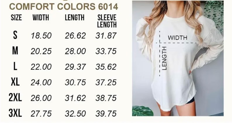 May include: Size chart for a long-sleeved shirt in sizes S through 3XL. The chart shows the width, length, and sleeve length in inches for each size.