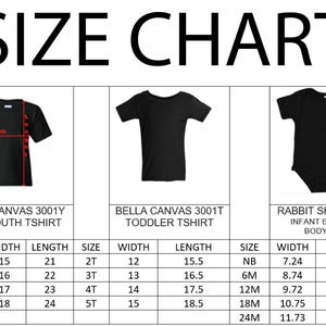 Puede incluir: Tabla de tallas para camisetas de ni&ntilde;os y j&oacute;venes, camisetas para ni&ntilde;os peque&ntilde;os y bodies para beb&eacute;s. La tabla incluye medidas en cm de ancho y largo para varias tallas de ropa Bella Canvas y Rabbit Skins.