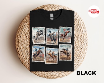 Western Postage Stamp TShirt, Rodeo Cowboy Shirt, Horse Bucking Tee, concert Outfit