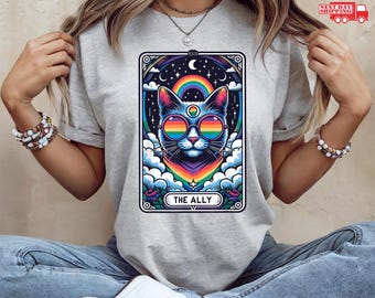 The Ally Tarot Card Shirt, Rainbow Cat Tee, Pride Month TShirt, Cat Lovers Gift