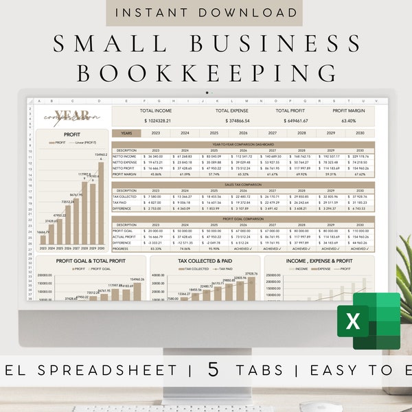 Contabilidad de pequeñas empresas para impuestos / Plantilla Excel de contabilidad de pequeñas empresas / Rastreador de gastos comerciales / Rastreador de ingresos comerciales / Impuestos