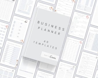 Puede incluir: Un planificador de negocios gris y blanco con el texto "Business Planner 60 Templates Made in Canva" en la portada. El planificador incluye plantillas para el seguimiento de ventas, ingresos, gastos, redes sociales y más.